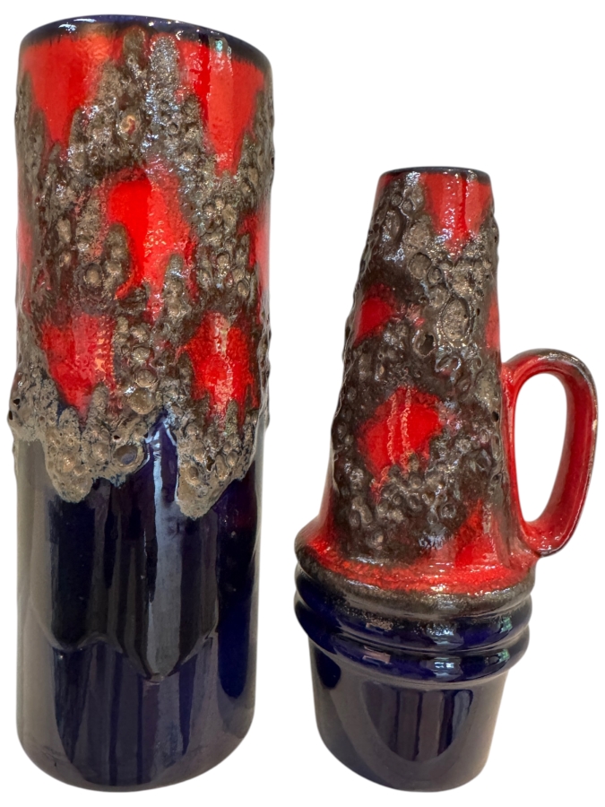 Vintage West German Scheurich Keramik Fat Lava Vase Collection, Including Shape 203-26 Cylinder And Shape 400-22 Handled Jug, Cobalt Blue And Red Volcanic Glaze, Circa 1960s-1970s 10.5'H And 9.5'H