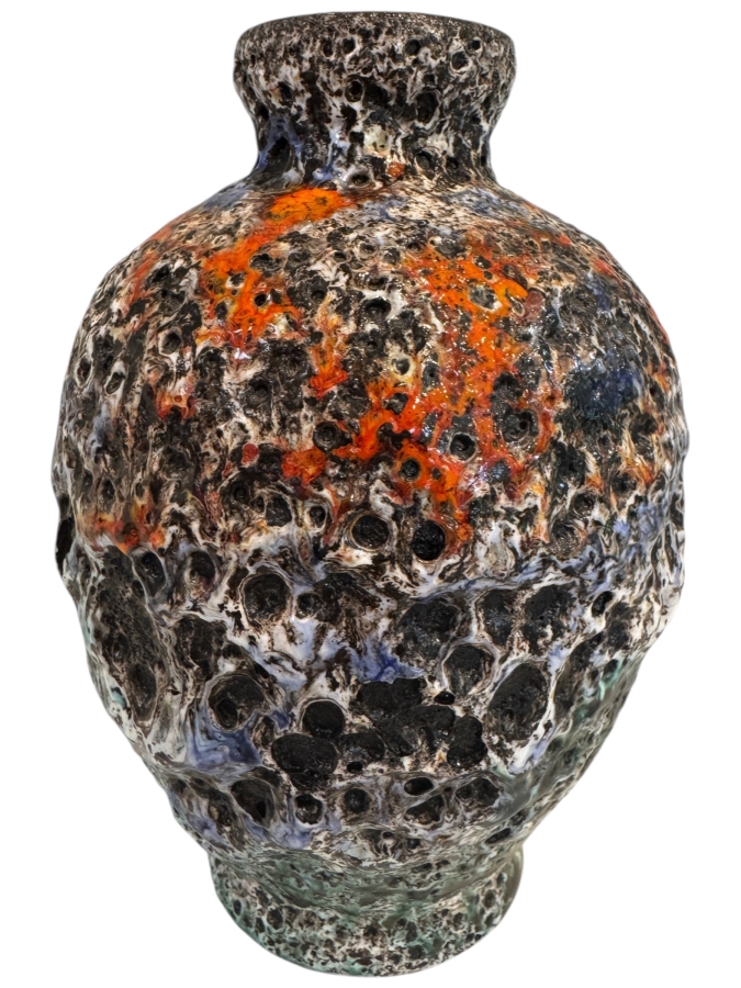 Rare Vintage West German Jopeko Keramik Fat Lava Vase, Shape 6102, Heavy Volcanic Crater Glaze With Glossy Orange Drips, Mid-Century Modern Art Pottery, Circa 1960s-1970s 6.25'H