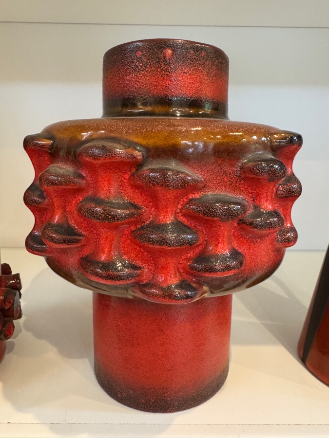 Vintage West German Fat Lava Pottery Collection Featuring Carstens Tönnieshof Shape 7951/42 'Mooncrater' Vase, Ceramano 'Ceralux' Cylindrical Vase, And Keto Keramik Shape 94/16 Abstract Pitcher, Circa 1960s-1970s 7'H - 8.25'H
 [Photo 7]