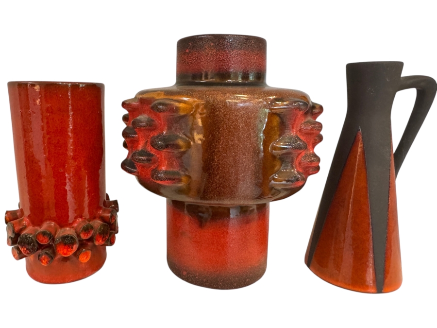 Vintage West German Fat Lava Pottery Collection Featuring Carstens Tönnieshof Shape 7951/42 'Mooncrater' Vase, Ceramano 'Ceralux' Cylindrical Vase, And Keto Keramik Shape 94/16 Abstract Pitcher, Circa 1960s-1970s 7'H - 8.25'H

