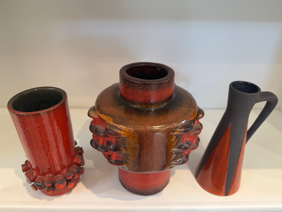 Vintage West German Fat Lava Pottery Collection Featuring Carstens Tönnieshof Shape 7951/42 'Mooncrater' Vase, Ceramano 'Ceralux' Cylindrical Vase, And Keto Keramik Shape 94/16 Abstract Pitcher, Circa 1960s-1970s 7'H - 8.25'H
 [Photo 3]