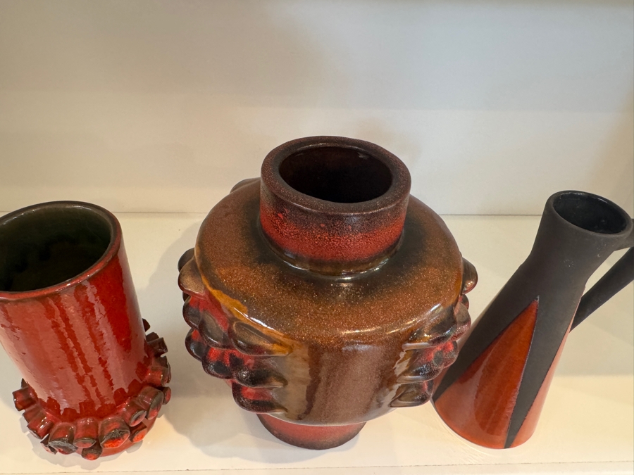 Vintage West German Fat Lava Pottery Collection Featuring Carstens Tönnieshof Shape 7951/42 'Mooncrater' Vase, Ceramano 'Ceralux' Cylindrical Vase, And Keto Keramik Shape 94/16 Abstract Pitcher, Circa 1960s-1970s 7'H - 8.25'H
 [Photo 4]