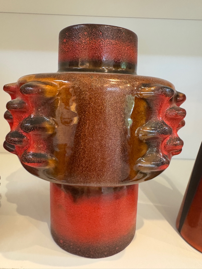 Vintage West German Fat Lava Pottery Collection Featuring Carstens Tönnieshof Shape 7951/42 'Mooncrater' Vase, Ceramano 'Ceralux' Cylindrical Vase, And Keto Keramik Shape 94/16 Abstract Pitcher, Circa 1960s-1970s 7'H - 8.25'H
 [Photo 6]