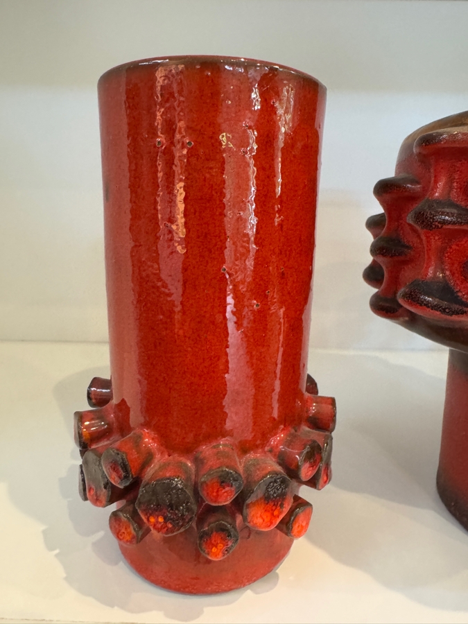 Vintage West German Fat Lava Pottery Collection Featuring Carstens Tönnieshof Shape 7951/42 'Mooncrater' Vase, Ceramano 'Ceralux' Cylindrical Vase, And Keto Keramik Shape 94/16 Abstract Pitcher, Circa 1960s-1970s 7'H - 8.25'H
 [Photo 5]