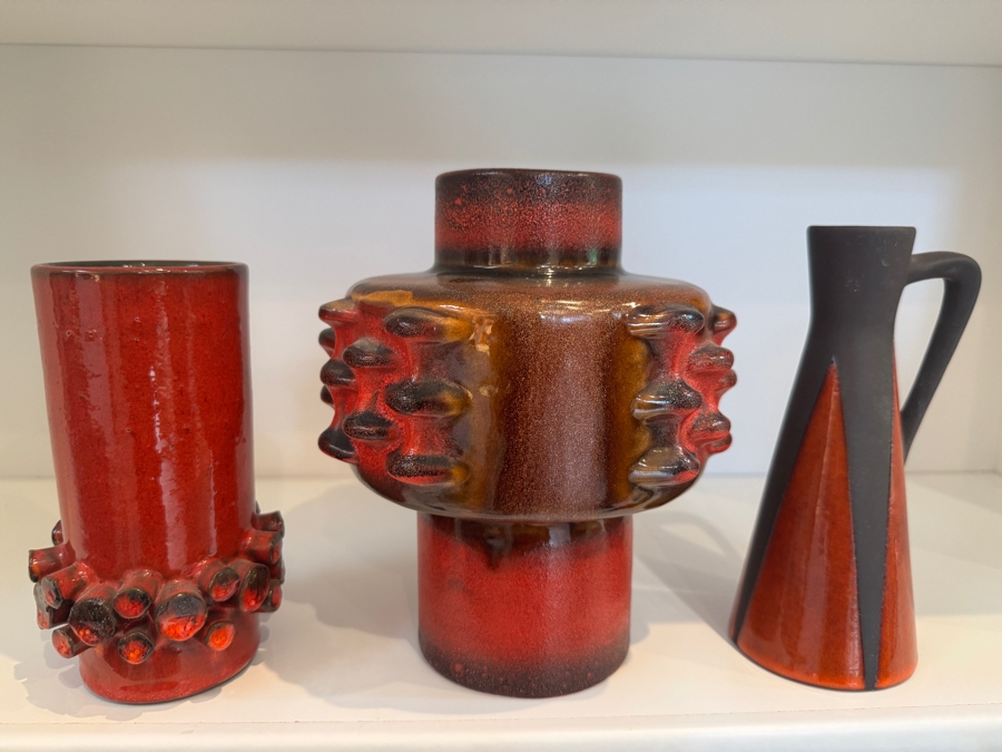 Vintage West German Fat Lava Pottery Collection Featuring Carstens Tönnieshof Shape 7951/42 'Mooncrater' Vase, Ceramano 'Ceralux' Cylindrical Vase, And Keto Keramik Shape 94/16 Abstract Pitcher, Circa 1960s-1970s 7'H - 8.25'H
 [Photo 2]