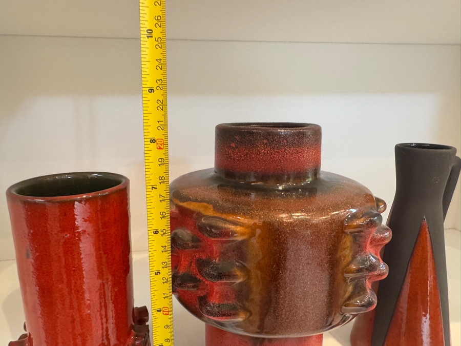 Vintage West German Fat Lava Pottery Collection Featuring Carstens Tönnieshof Shape 7951/42 'Mooncrater' Vase, Ceramano 'Ceralux' Cylindrical Vase, And Keto Keramik Shape 94/16 Abstract Pitcher, Circa 1960s-1970s 7'H - 8.25'H
 [Photo 12]