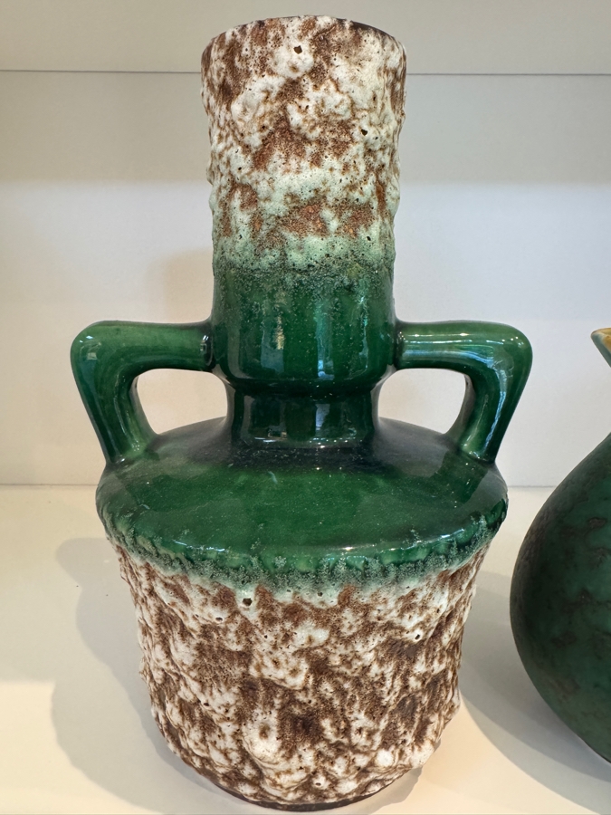 Vintage West German Fat Lava Pottery Collection Featuring Jopeko Shape 402-21 Handled Vase And Jasba Keramik Shape 489/15 Drip Glaze Bud Vase, Mid-Century Modern Art Pottery, Circa 1960s-1970s 9.75'H and 7.5'H [Photo 3]