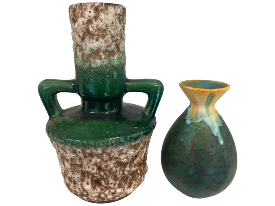 Vintage West German Fat Lava Pottery Collection Featuring Jopeko Shape 402-21 Handled Vase And Jasba Keramik Shape 489/15 Drip Glaze Bud Vase, Mid-Century Modern Art Pottery, Circa 1960s-1970s 9.75'H and 7.5'H