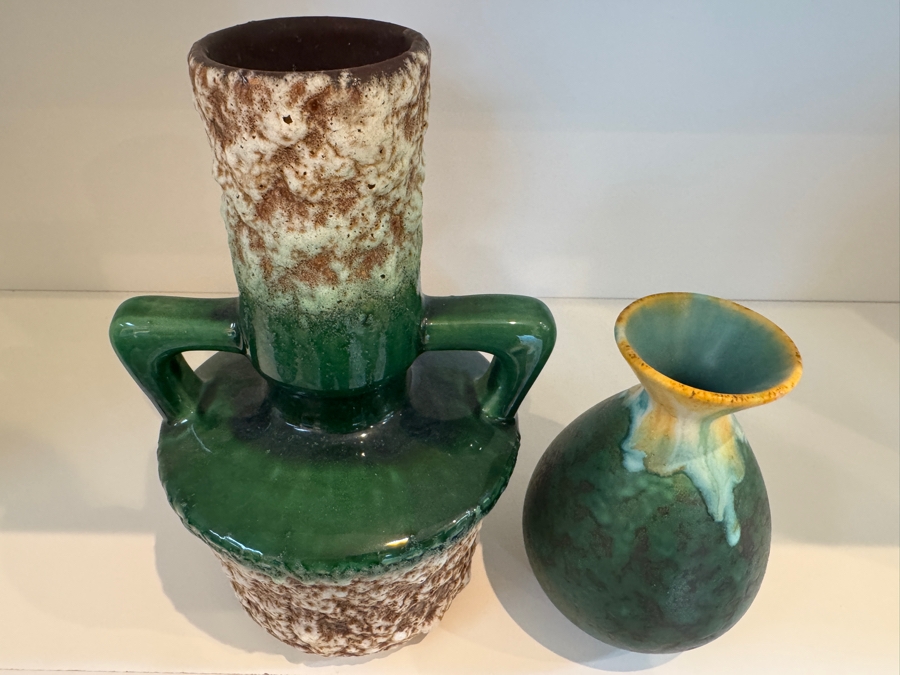 Vintage West German Fat Lava Pottery Collection Featuring Jopeko Shape 402-21 Handled Vase And Jasba Keramik Shape 489/15 Drip Glaze Bud Vase, Mid-Century Modern Art Pottery, Circa 1960s-1970s 9.75'H and 7.5'H [Photo 2]