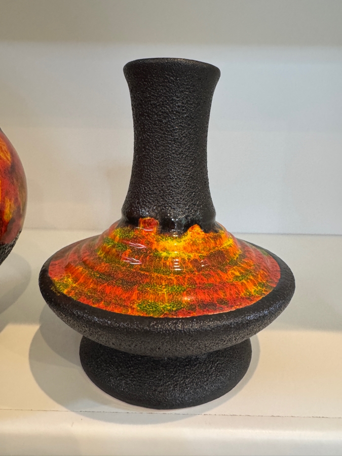 Vintage West German Walter Gerhards Fat Lava Pottery Vases, Set Of Two Including Shape 1014/25 And UFO Form Art Pottery, Mid-Century Modern Volcanic Glaze, Circa 1970s 8.25'H and 7.25' [Photo 4]