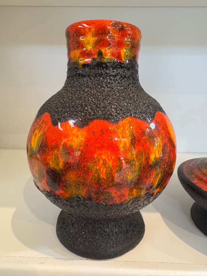 Vintage West German Walter Gerhards Fat Lava Pottery Vases, Set Of Two Including Shape 1014/25 And UFO Form Art Pottery, Mid-Century Modern Volcanic Glaze, Circa 1970s 8.25'H and 7.25' [Photo 3]