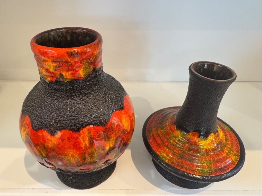 Vintage West German Walter Gerhards Fat Lava Pottery Vases, Set Of Two Including Shape 1014/25 And UFO Form Art Pottery, Mid-Century Modern Volcanic Glaze, Circa 1970s 8.25'H and 7.25' [Photo 2]