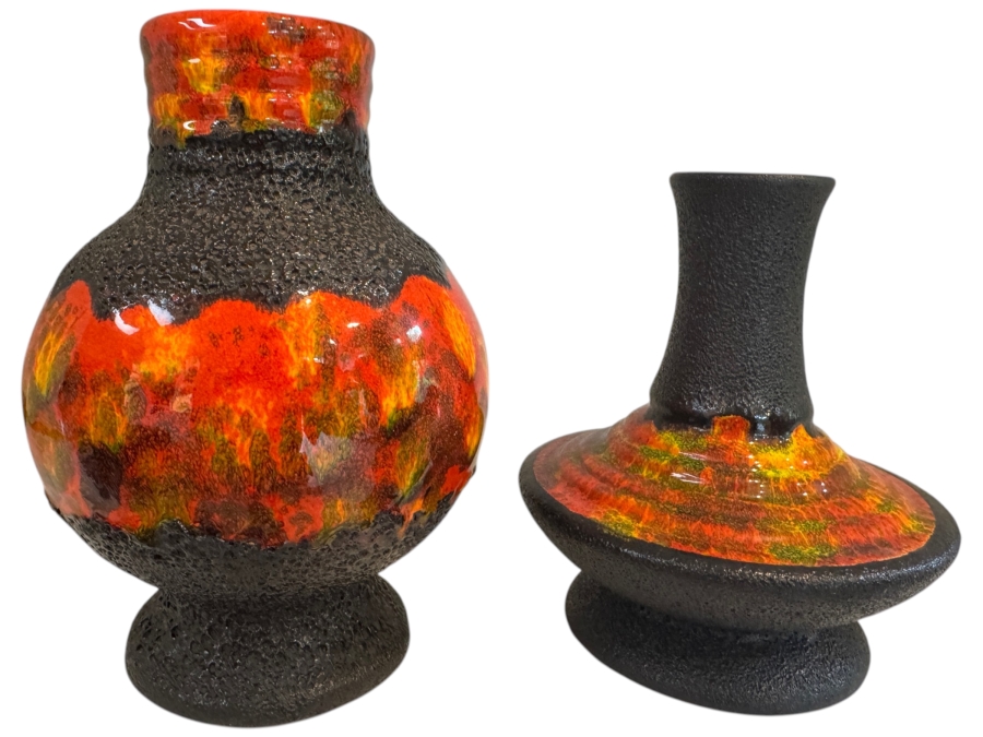 Vintage West German Walter Gerhards Fat Lava Pottery Vases, Set Of Two Including Shape 1014/25 And UFO Form Art Pottery, Mid-Century Modern Volcanic Glaze, Circa 1970s 8.25'H and 7.25'