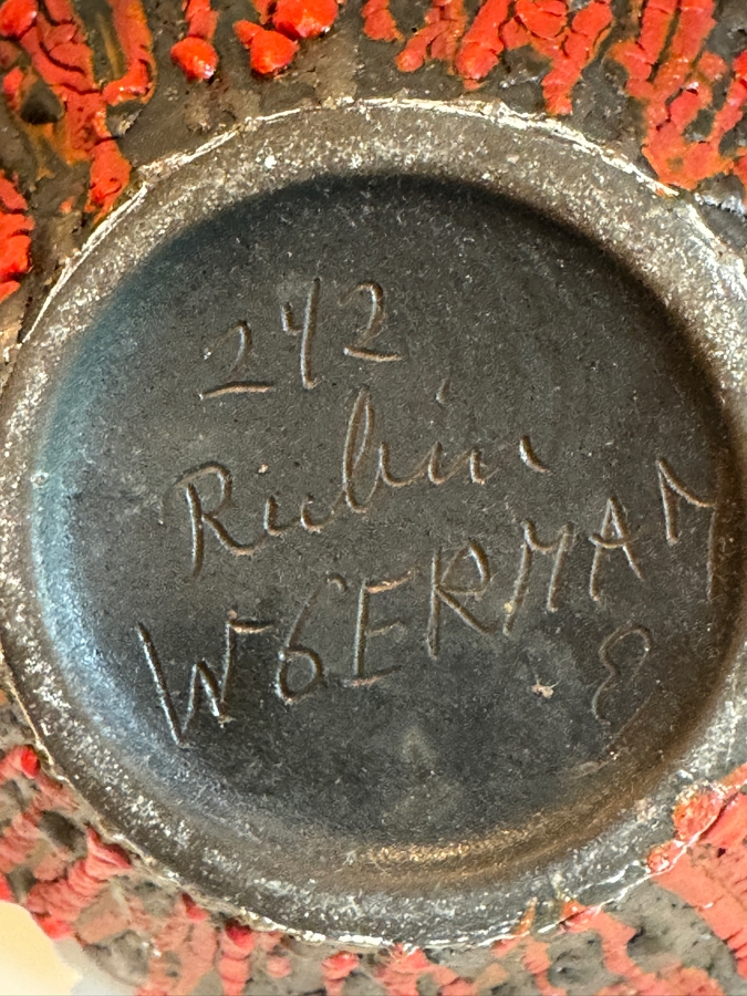 Vintage West German Fat Lava Pottery Collection Featuring Ceramano 'Rubin' Decor (Shapes 241 And 242) And Scheurich Keramik Shapes 279-38 And 414-16 'Lora,' Mid-Century Modern Red And Black Volcanic Glazes, Circa 1960s-1970s 5.75'H and 6.25'H [Photo 9]
