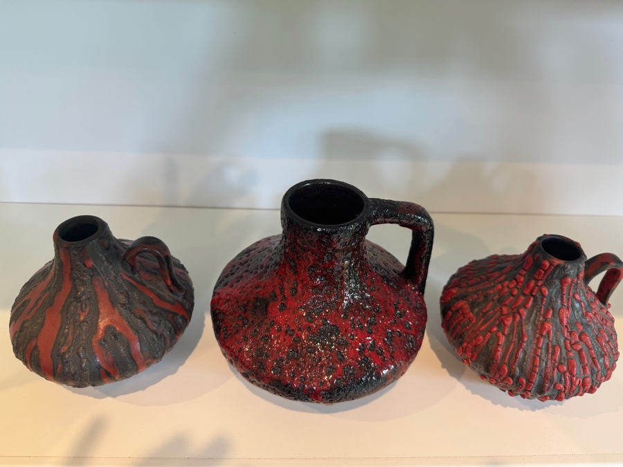 Vintage West German Fat Lava Pottery Collection Featuring Ceramano 'Rubin' Decor (Shapes 241 And 242) And Scheurich Keramik Shapes 279-38 And 414-16 'Lora,' Mid-Century Modern Red And Black Volcanic Glazes, Circa 1960s-1970s 5.75'H and 6.25'H [Photo 3]
