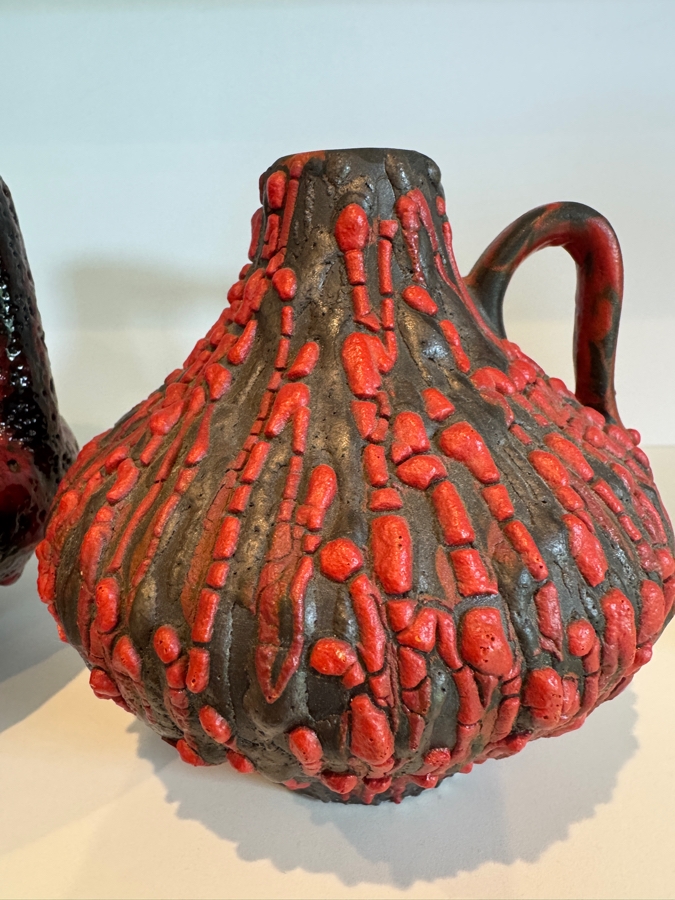 Vintage West German Fat Lava Pottery Collection Featuring Ceramano 'Rubin' Decor (Shapes 241 And 242) And Scheurich Keramik Shapes 279-38 And 414-16 'Lora,' Mid-Century Modern Red And Black Volcanic Glazes, Circa 1960s-1970s 5.75'H and 6.25'H [Photo 6]