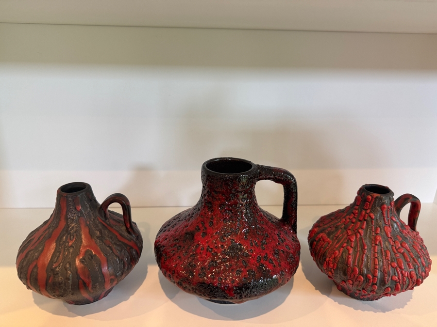 Vintage West German Fat Lava Pottery Collection Featuring Ceramano 'Rubin' Decor (Shapes 241 And 242) And Scheurich Keramik Shapes 279-38 And 414-16 'Lora,' Mid-Century Modern Red And Black Volcanic Glazes, Circa 1960s-1970s 5.75'H and 6.25'H [Photo 2]