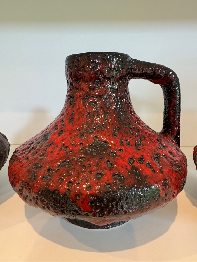Vintage West German Fat Lava Pottery Collection Featuring Ceramano 'Rubin' Decor (Shapes 241 And 242) And Scheurich Keramik Shapes 279-38 And 414-16 'Lora,' Mid-Century Modern Red And Black Volcanic Glazes, Circa 1960s-1970s 5.75'H and 6.25'H [Photo 5]