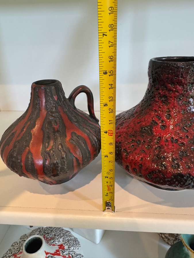 Vintage West German Fat Lava Pottery Collection Featuring Ceramano 'Rubin' Decor (Shapes 241 And 242) And Scheurich Keramik Shapes 279-38 And 414-16 'Lora,' Mid-Century Modern Red And Black Volcanic Glazes, Circa 1960s-1970s 5.75'H and 6.25'H [Photo 10]