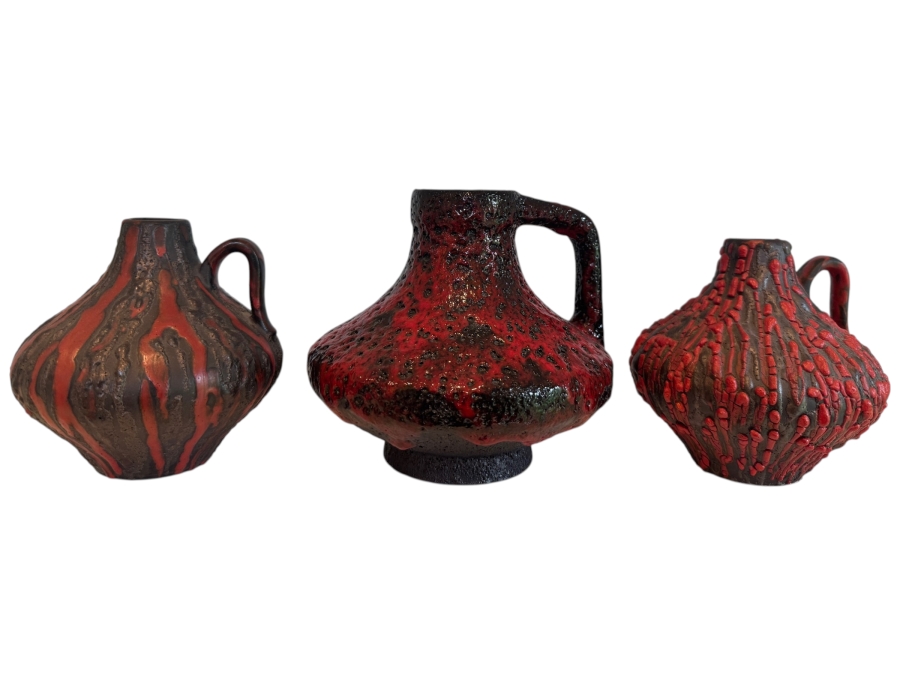 Vintage West German Fat Lava Pottery Collection Featuring Ceramano 'Rubin' Decor (Shapes 241 And 242) And Scheurich Keramik Shapes 279-38 And 414-16 'Lora,' Mid-Century Modern Red And Black Volcanic Glazes, Circa 1960s-1970s 5.75'H and 6.25'H