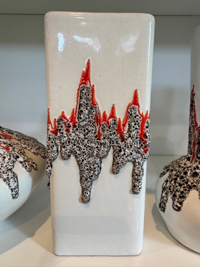 (3) Vintage Fohr Keramik West German Fat Lava Ceramic Vases In White With Textured Red And Grey Glaze [Photo 6]