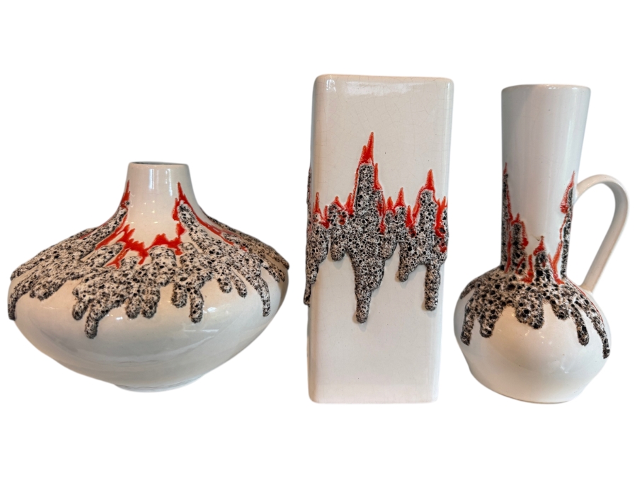 (3) Vintage Fohr Keramik West German Fat Lava Ceramic Vases In White With Textured Red And Grey Glaze