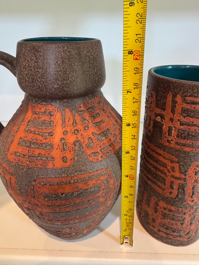 Vintage West German Fat Lava Carstens Tonnieshof Mid-Century Art Pottery Vases With Textured Orange Flame Glaze Decor 19'-21'H [Photo 9]