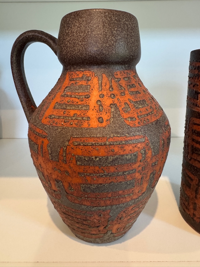 Vintage West German Fat Lava Carstens Tonnieshof Mid-Century Art Pottery Vases With Textured Orange Flame Glaze Decor 19'-21'H [Photo 5]