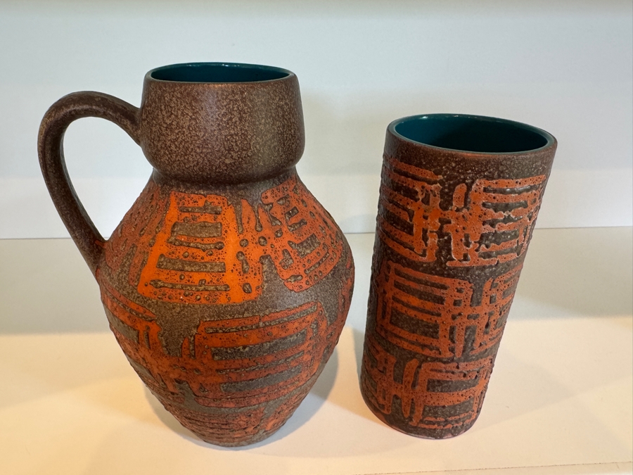 Vintage West German Fat Lava Carstens Tonnieshof Mid-Century Art Pottery Vases With Textured Orange Flame Glaze Decor 19'-21'H [Photo 3]