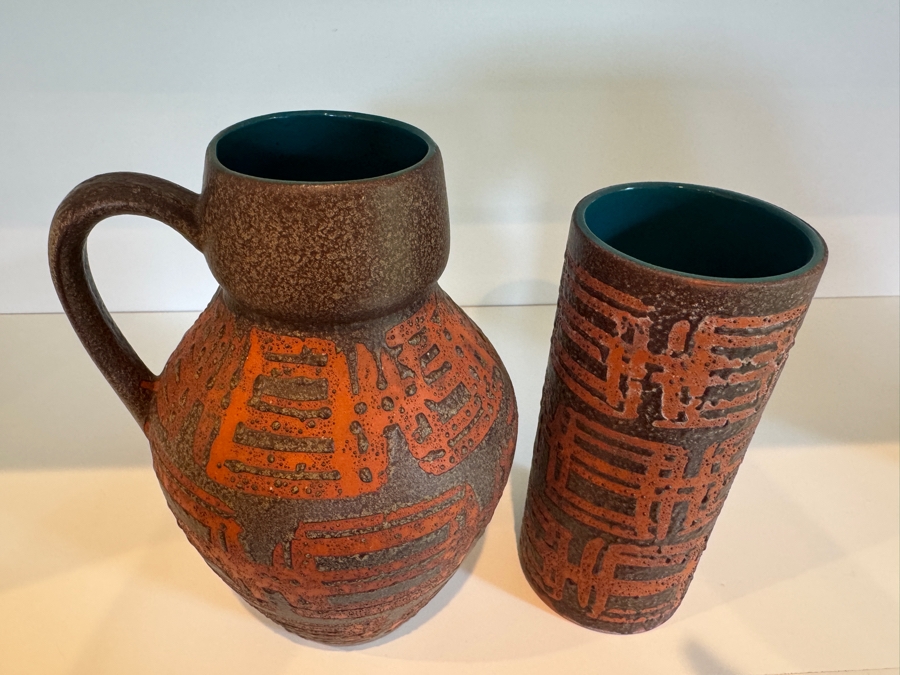 Vintage West German Fat Lava Carstens Tonnieshof Mid-Century Art Pottery Vases With Textured Orange Flame Glaze Decor 19'-21'H [Photo 4]