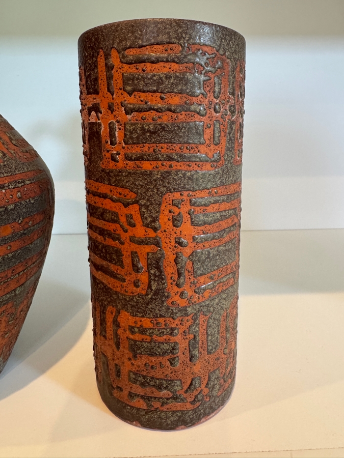 Vintage West German Fat Lava Carstens Tonnieshof Mid-Century Art Pottery Vases With Textured Orange Flame Glaze Decor 19'-21'H [Photo 6]