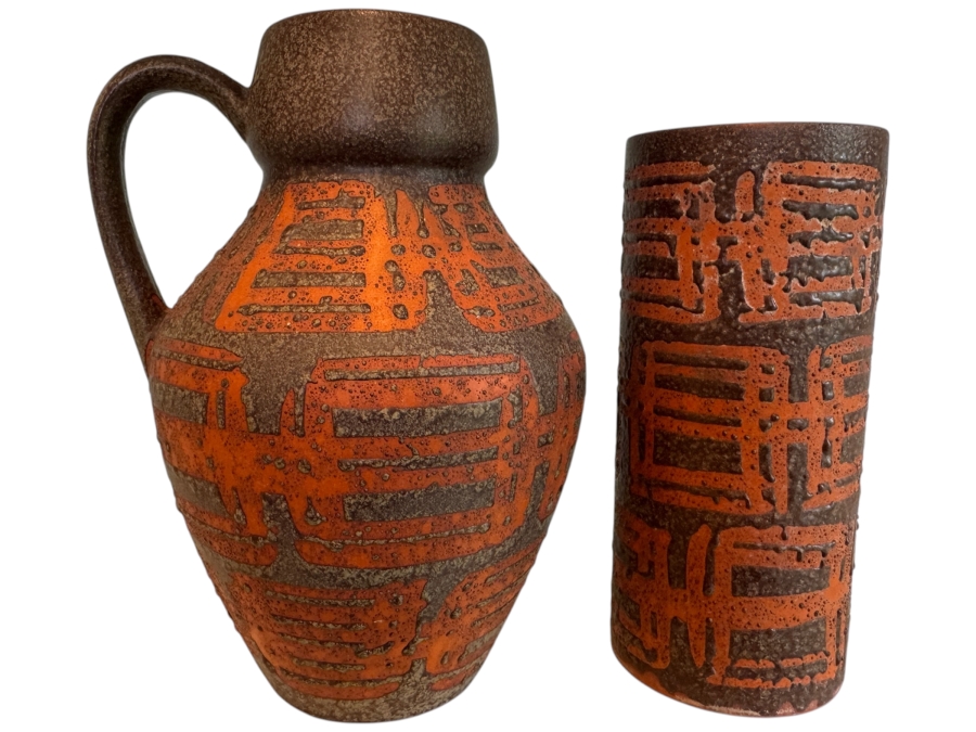 Vintage West German Fat Lava Carstens Tonnieshof Mid-Century Art Pottery Vases With Textured Orange Flame Glaze Decor 19'-21'H