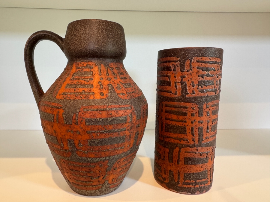 Vintage West German Fat Lava Carstens Tonnieshof Mid-Century Art Pottery Vases With Textured Orange Flame Glaze Decor 19'-21'H [Photo 2]