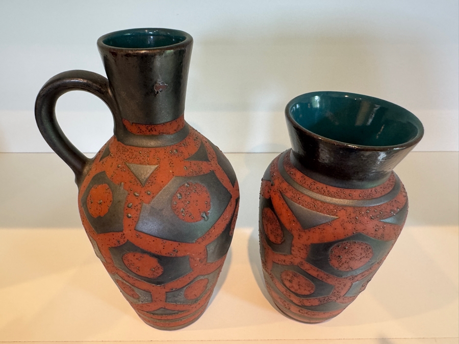 Vintage Carstens Tonnieshof West German Mid-Century Pottery Ankara Pattern Brown And Black Fat Lava Ceramic Vases 19'-23'H
 [Photo 4]