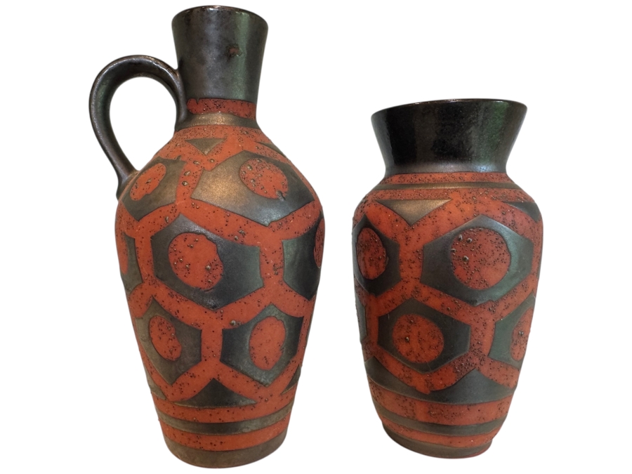 Vintage Carstens Tonnieshof West German Mid-Century Pottery Ankara Pattern Brown And Black Fat Lava Ceramic Vases 19'-23'H
