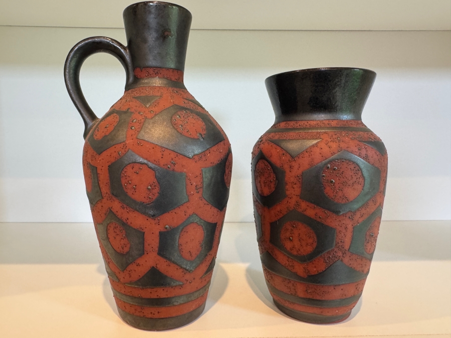 Vintage Carstens Tonnieshof West German Mid-Century Pottery Ankara Pattern Brown And Black Fat Lava Ceramic Vases 19'-23'H
 [Photo 2]