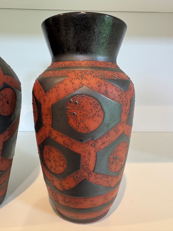 Vintage Carstens Tonnieshof West German Mid-Century Pottery Ankara Pattern Brown And Black Fat Lava Ceramic Vases 19'-23'H
 [Photo 6]