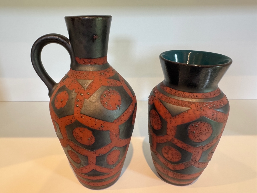 Vintage Carstens Tonnieshof West German Mid-Century Pottery Ankara Pattern Brown And Black Fat Lava Ceramic Vases 19'-23'H
 [Photo 3]