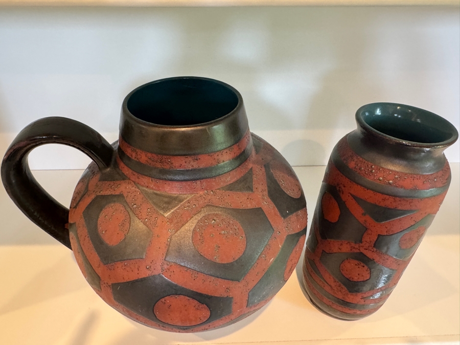 Vintage Mid-Century Fat Lava Carstens Tonnieshof Ankara Red And Charcoal Metallic Glazed Ceramic Vases 9'H [Photo 4]