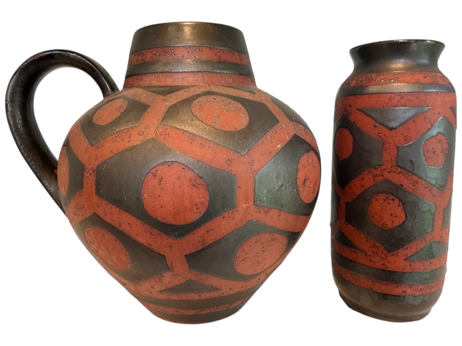 Vintage Mid-Century Fat Lava Carstens Tonnieshof Ankara Red And Charcoal Metallic Glazed Ceramic Vases 9'H