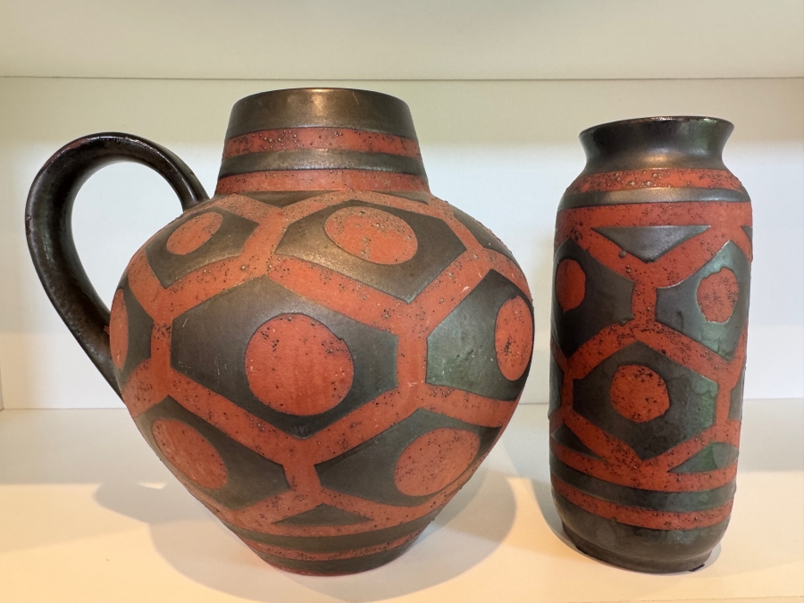 Vintage Mid-Century Fat Lava Carstens Tonnieshof Ankara Red And Charcoal Metallic Glazed Ceramic Vases 9'H [Photo 2]