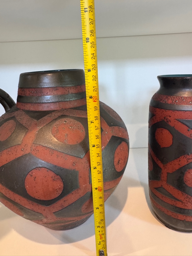 Vintage Mid-Century Fat Lava Carstens Tonnieshof Ankara Red And Charcoal Metallic Glazed Ceramic Vases 9'H [Photo 7]