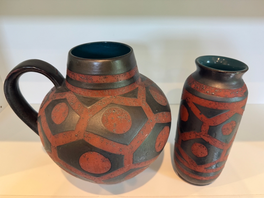 Vintage Mid-Century Fat Lava Carstens Tonnieshof Ankara Red And Charcoal Metallic Glazed Ceramic Vases 9'H [Photo 3]