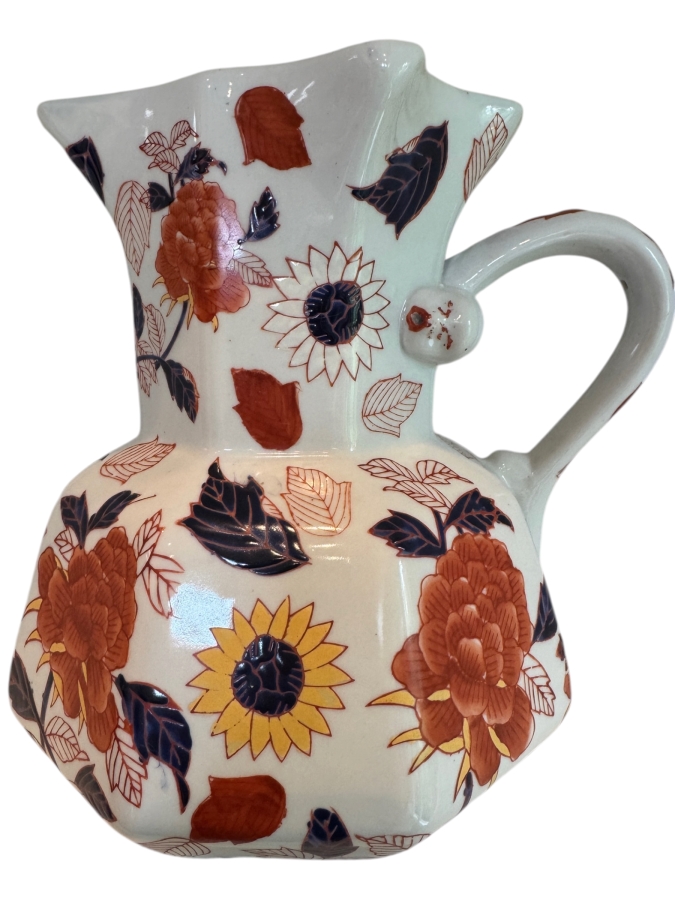 Vintage Victoria Ware Ironstone Imari Style Ceramic Floral Pitcher With Octagonal Base And Royal Crest Backstamp 25'H