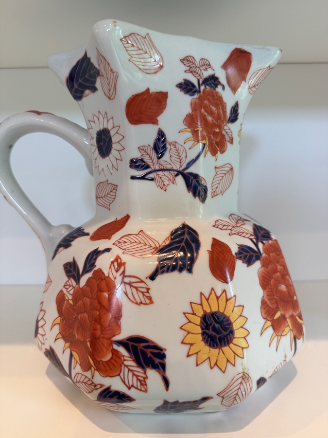 Vintage Victoria Ware Ironstone Imari Style Ceramic Floral Pitcher With Octagonal Base And Royal Crest Backstamp 25'H [Photo 4]