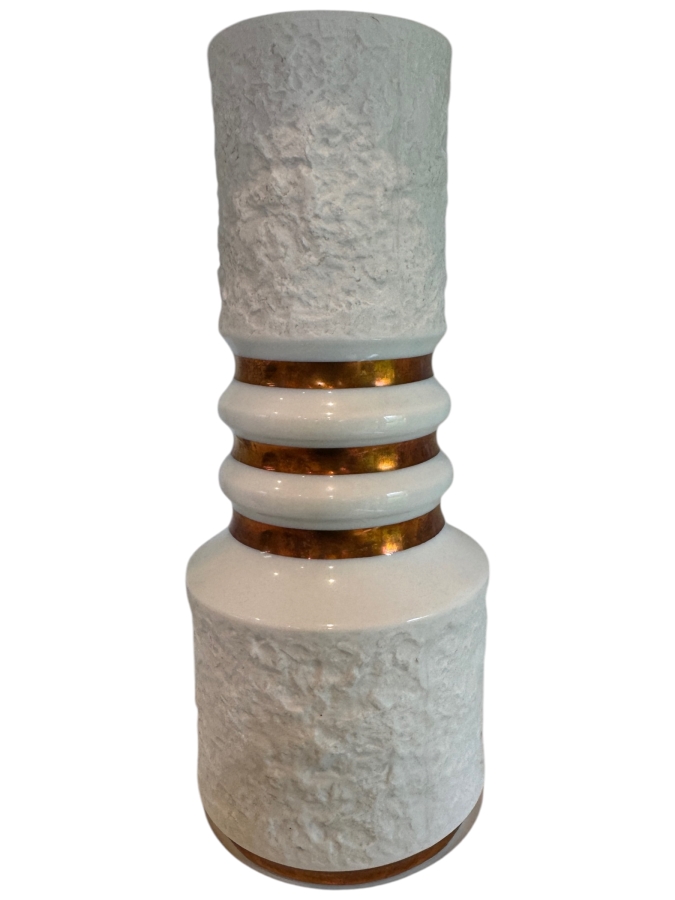 Vintage Royal Porzellan Bavaria KPM Mid-Century Modern Bisque Porcelain Vase With Bark Texture And Bronze Rings