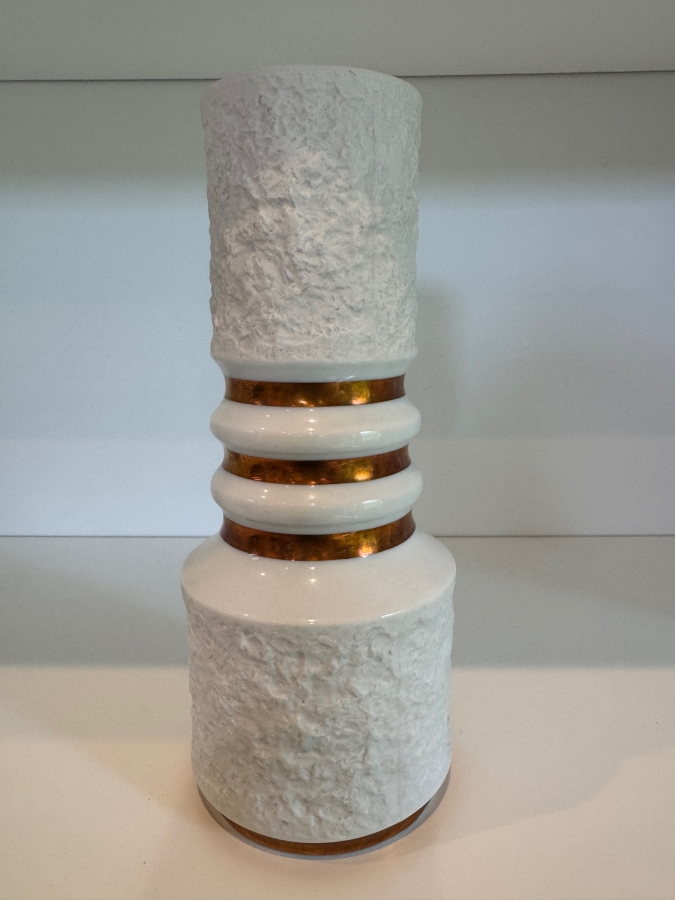 Vintage Royal Porzellan Bavaria KPM Mid-Century Modern Bisque Porcelain Vase With Bark Texture And Bronze Rings [Photo 2]