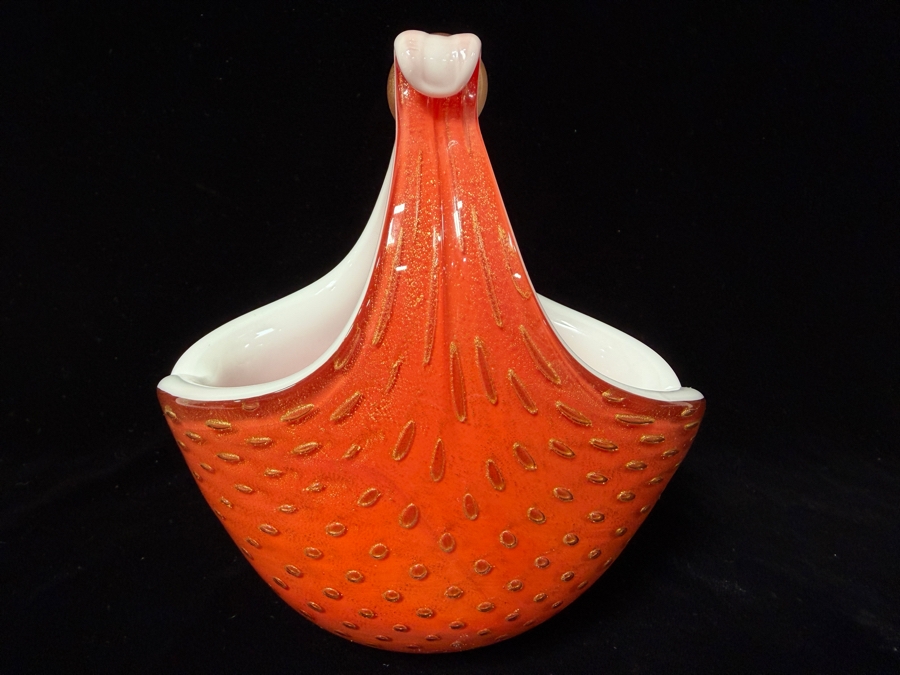 Stunning Vintage Alfredo Barbini Murano Italian Art Glass Flower Basket 6'W X 7'H [Photo 2]