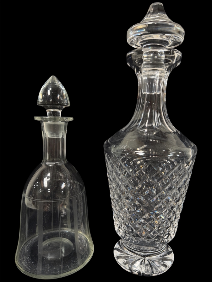 (L) Vintage Etched Glass Liquor Decanter 10'H And (R) Vintage Waterford Crystal Adare Footed Decanter 12.75'H [Photo 1]