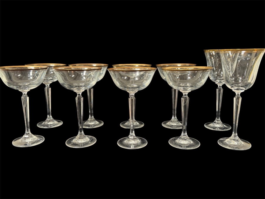 (10) Gold Rim Crystal Stemware Glasses 6 7/8' And 8 3/8'